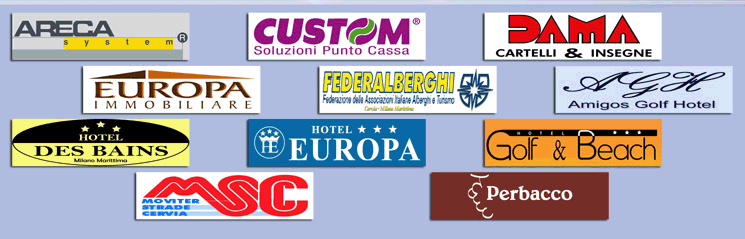 Amigos Golf Hotel,Areca System,Custom Soluzioni,Dama,Europa Immobiliare,Federalberghi,Hotel Des Bains,Hotel Europa,Hotel Gollf e Beach,Moviter - Cartelli e Insegne